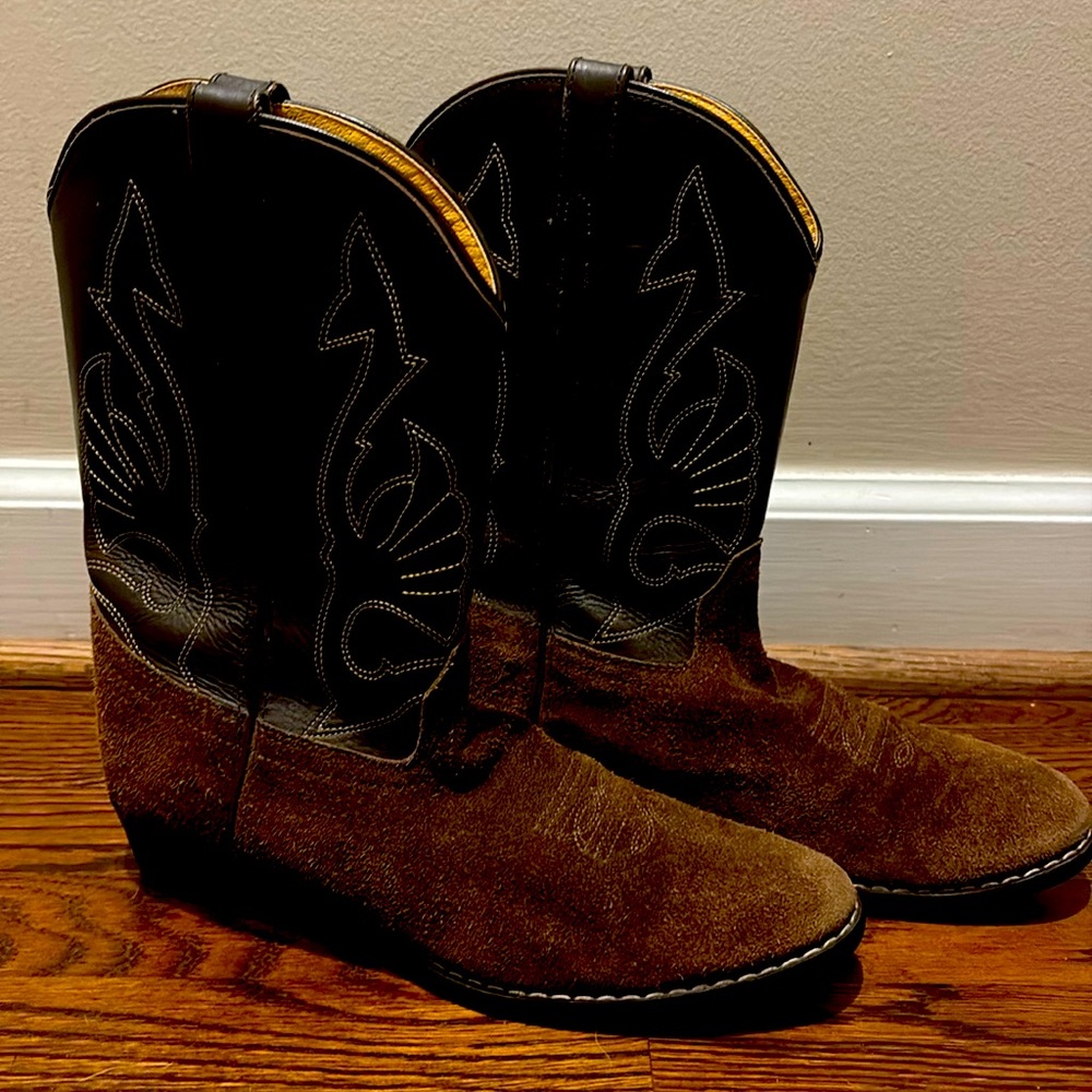 Dark brown cowboy boots.